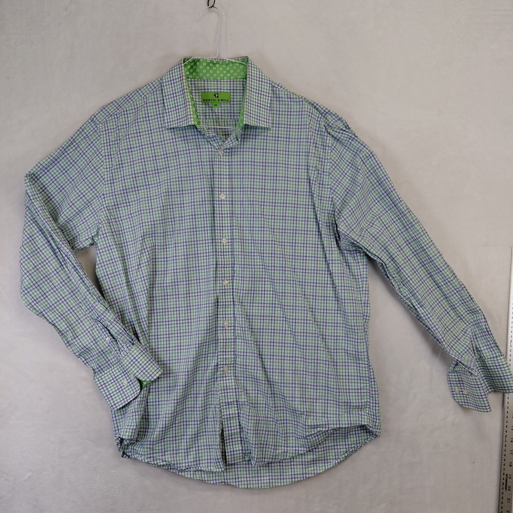 Bristol & Bull‎ Mens XXL Green Blue Micro Check Button Down Shirt Contrast Trim